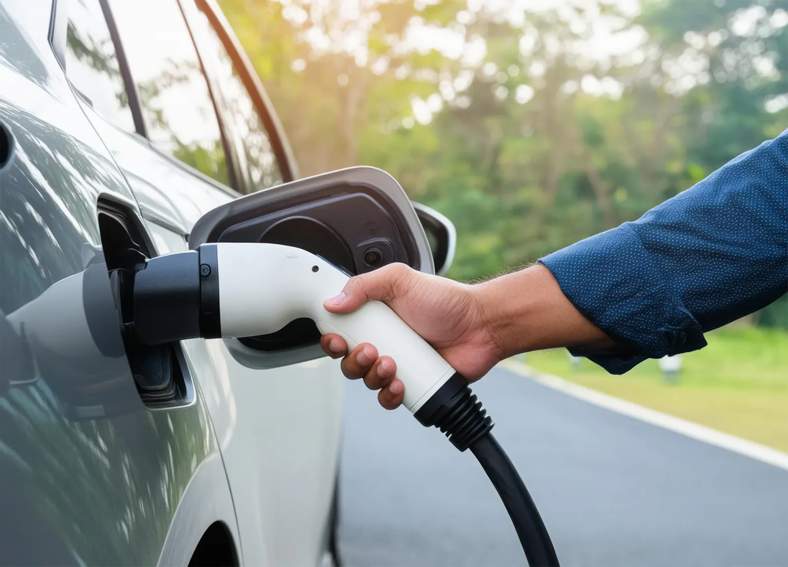 Driver plugging an EV charging cable into an electric vehicle